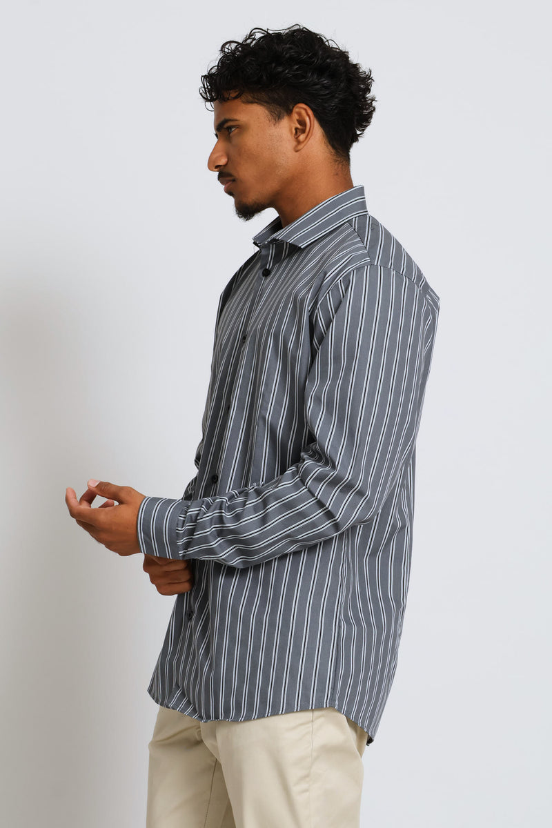 Long Sleeve Stripe Printed Shirt - Charcoal