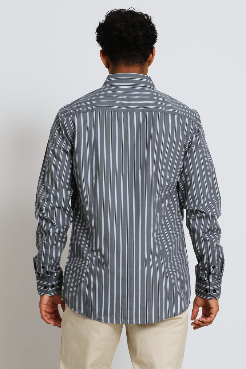 Long Sleeve Stripe Printed Shirt - Charcoal