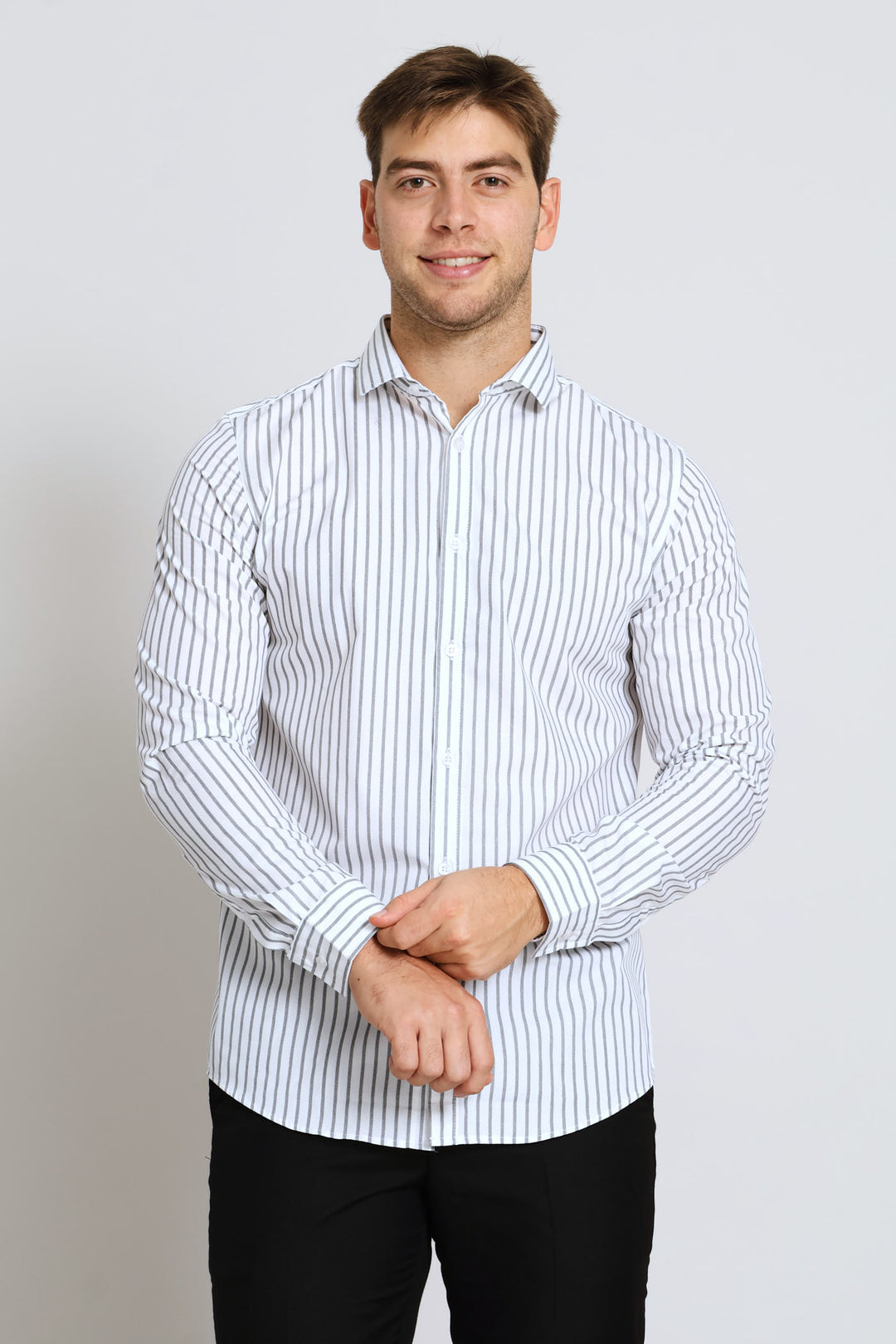 Slim Basic Stripe Printed Shirt - Grey/White