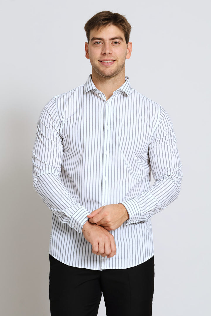 Slim Basic Stripe Printed Shirt - Grey/White
