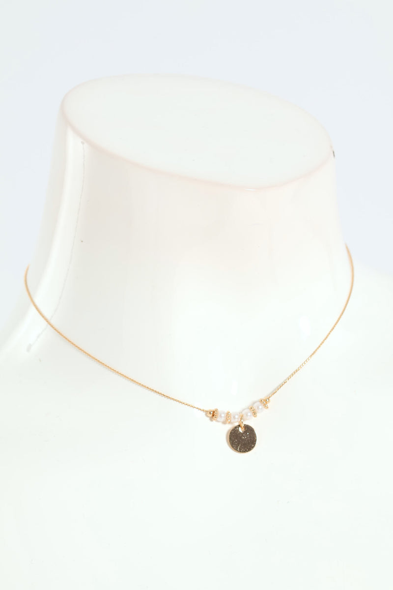 Round Flat Pendant Pearl Bead Necklace - Gold
