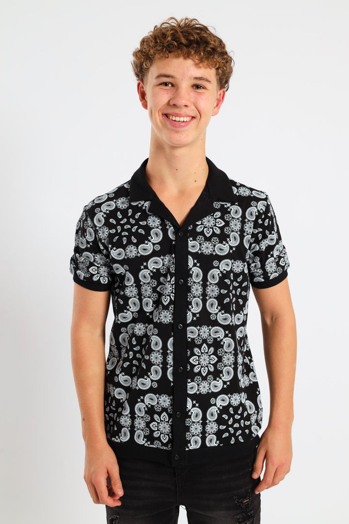 Boys Bandana Print Knit Shirt - Black
