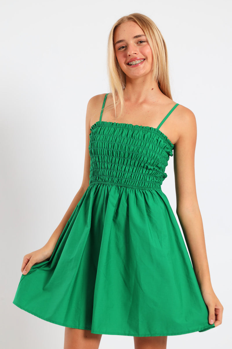 Girls Shirred Bodice Flare Skirt Poplin Dress - Green