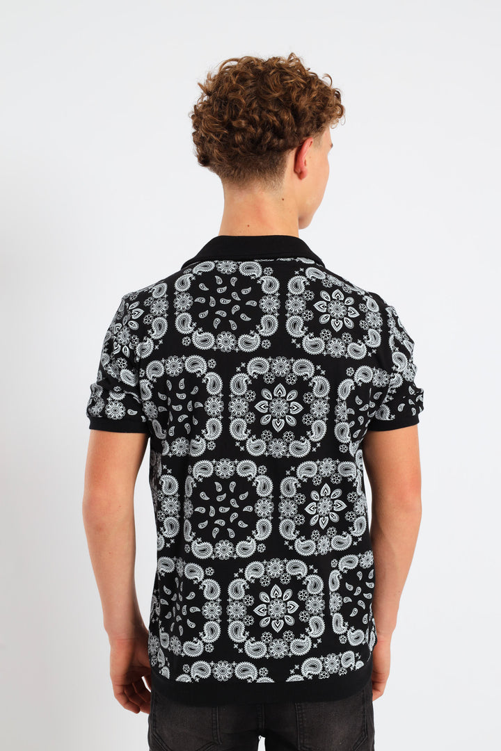 Boys Bandana Print Knit Shirt - Black