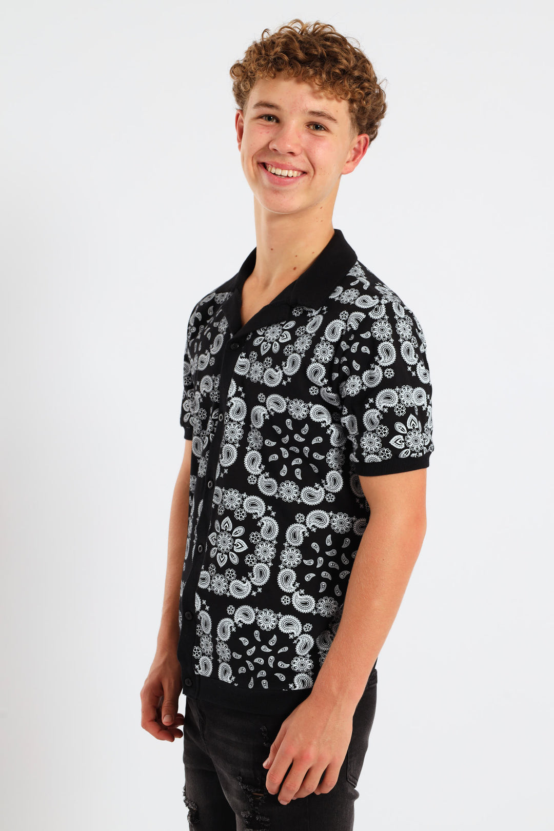 Boys Bandana Print Knit Shirt - Black