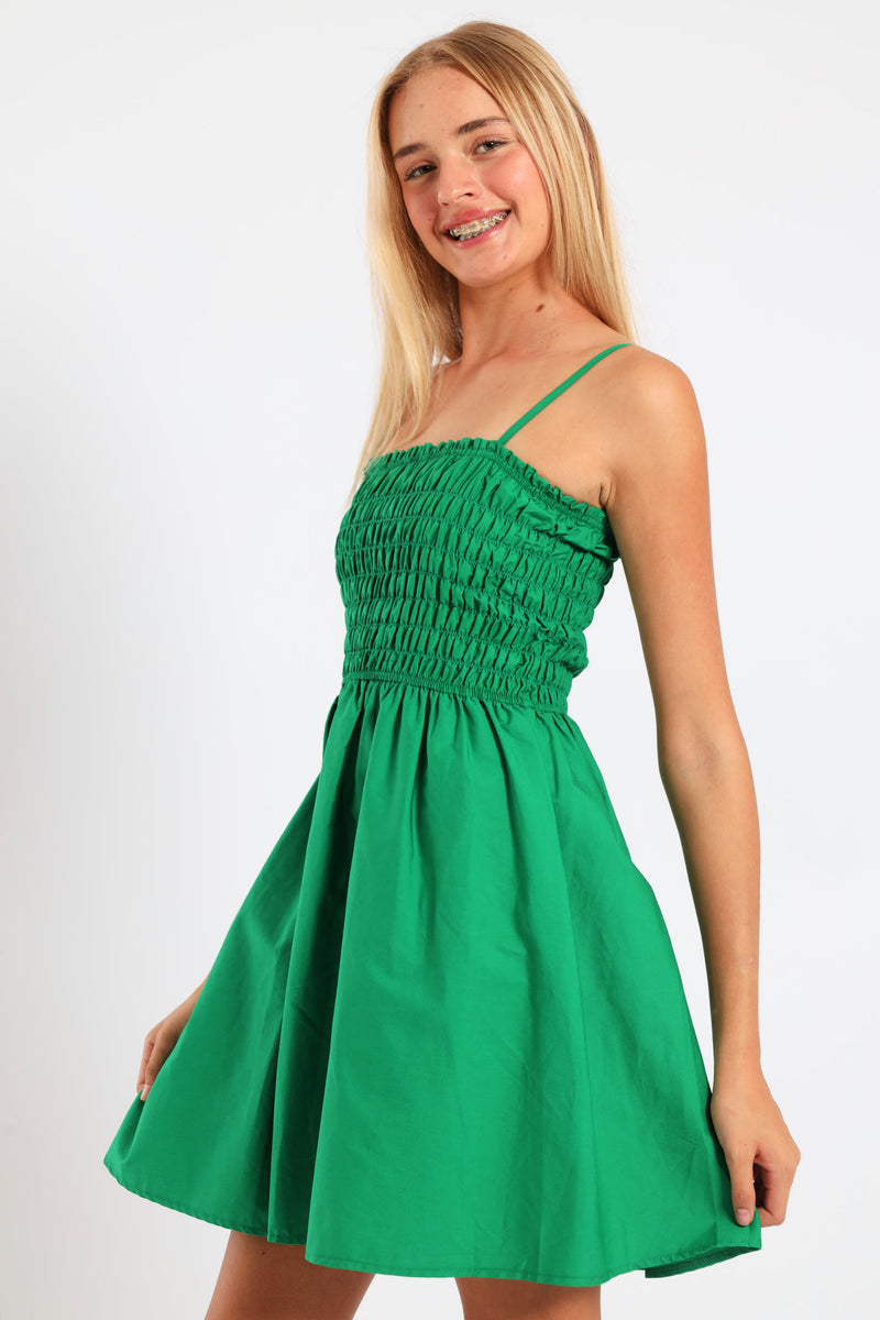 Girls Shirred Bodice Flare Skirt Poplin Dress - Green