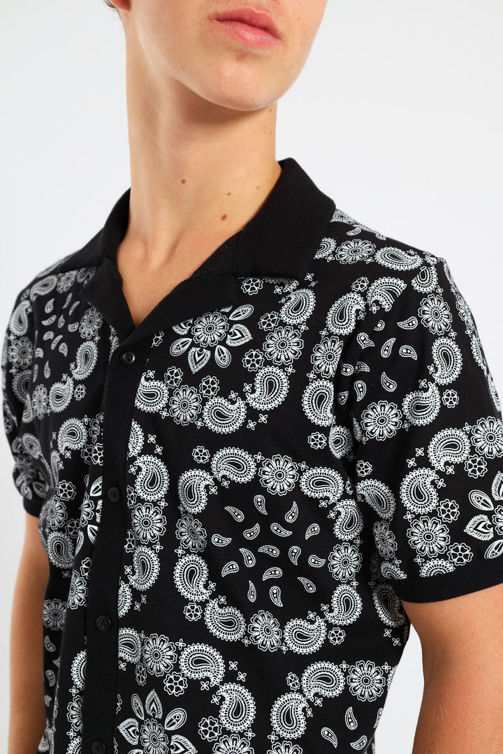 Boys Bandana Print Knit Shirt - Black