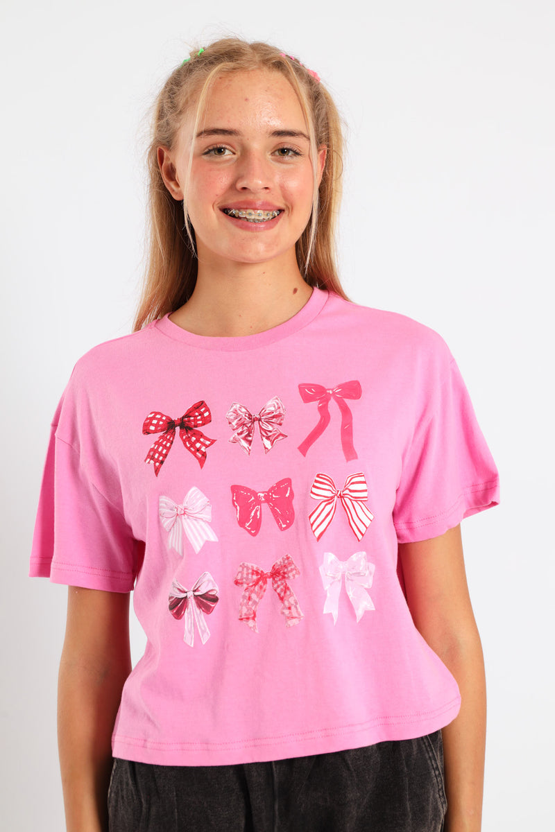 Girls Boxy Bows Tee - Pink