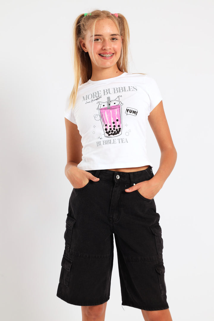 Girls Cargo Denim Jorts - Black
