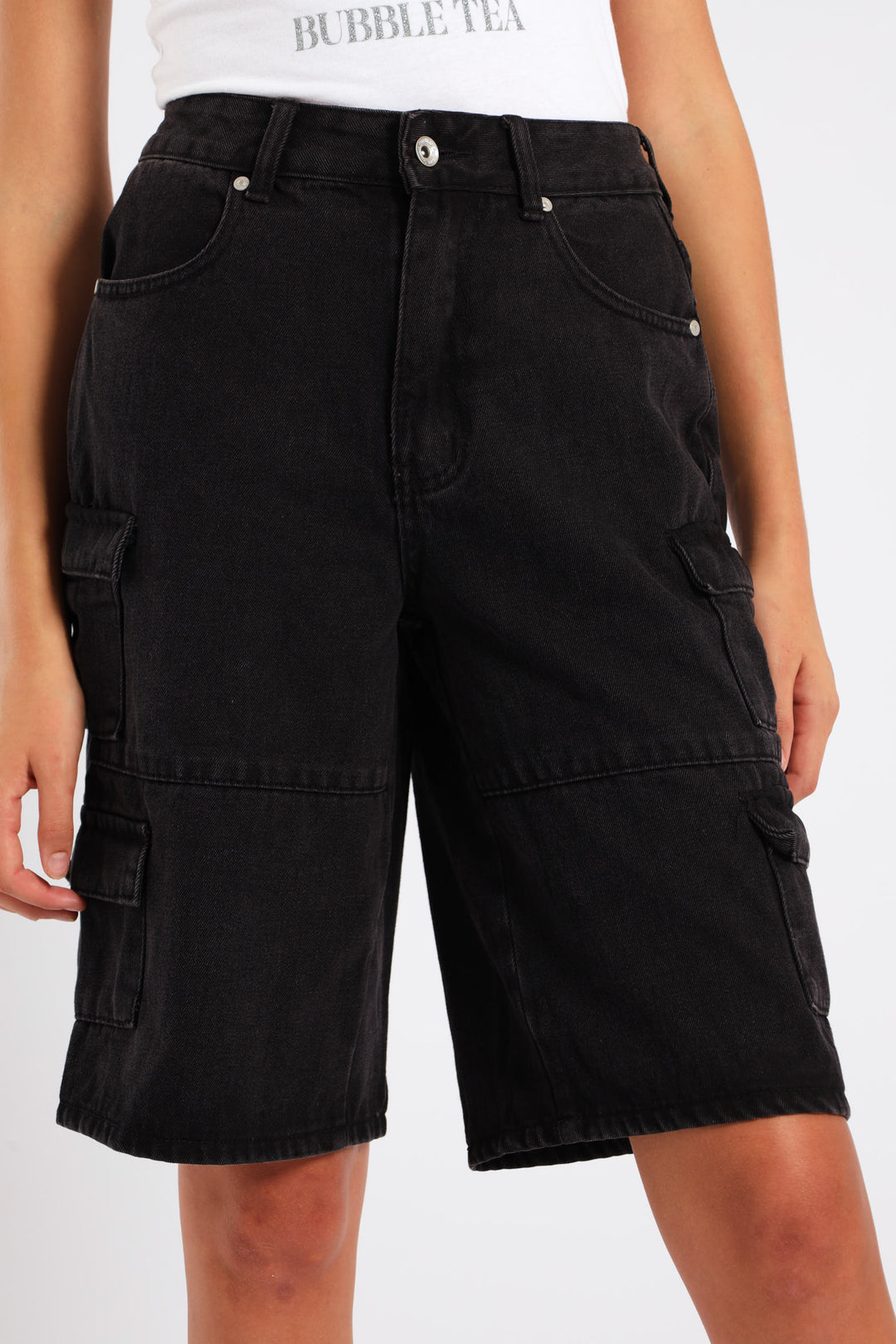 Girls Cargo Denim Jorts - Black