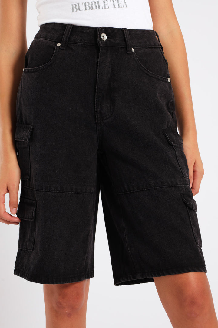 Girls Cargo Denim Jorts - Black