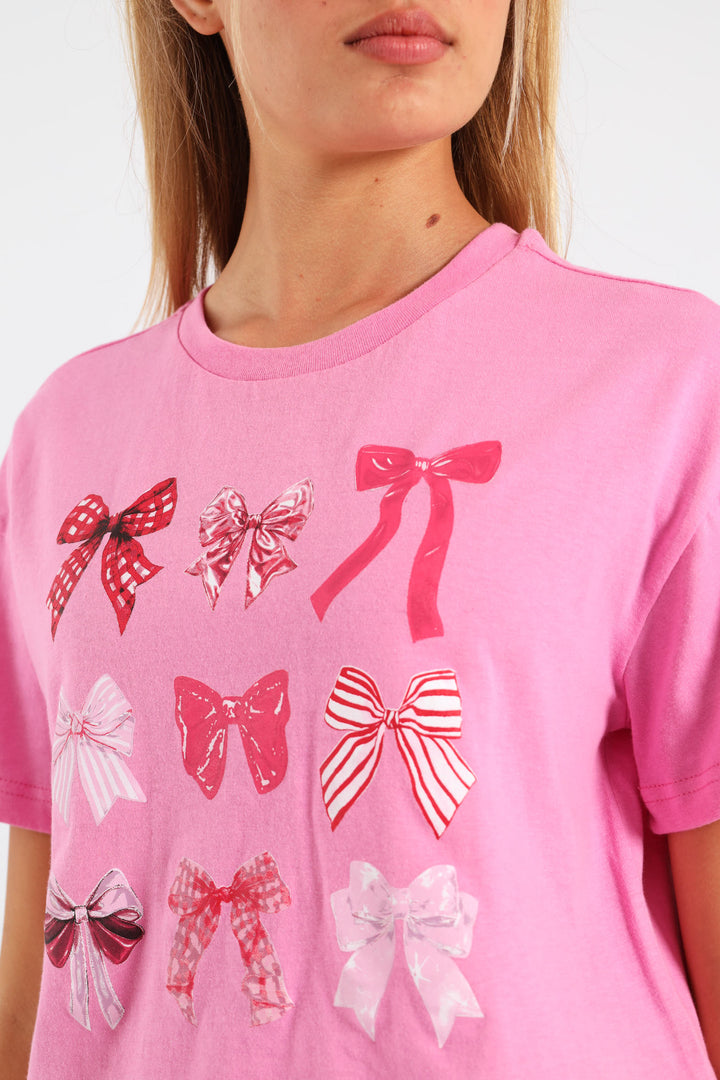 Girls Boxy Bows Tee - Pink