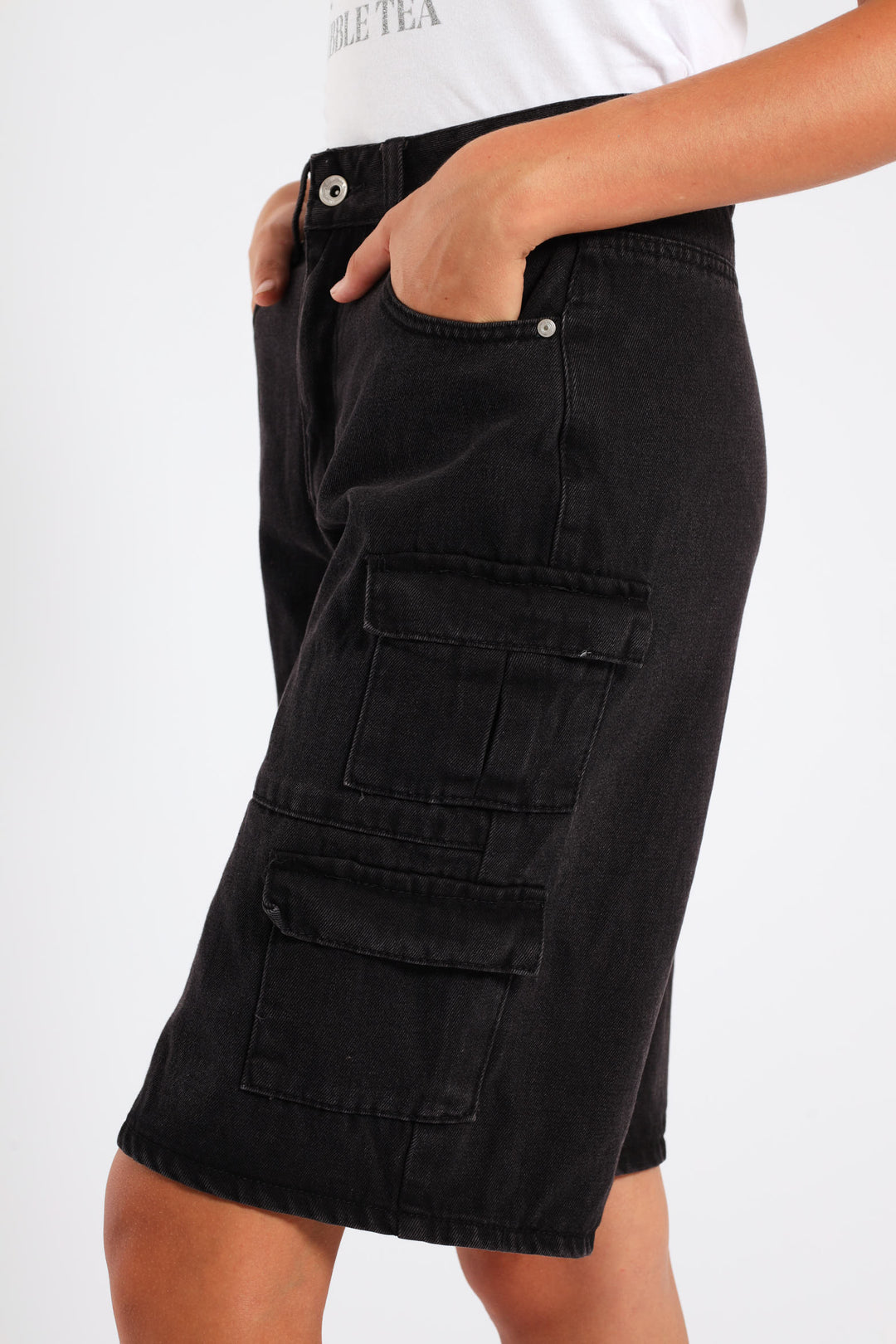 Girls Cargo Denim Jorts - Black