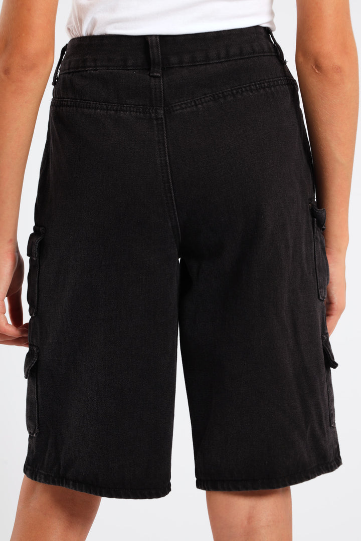 Girls Cargo Denim Jorts - Black