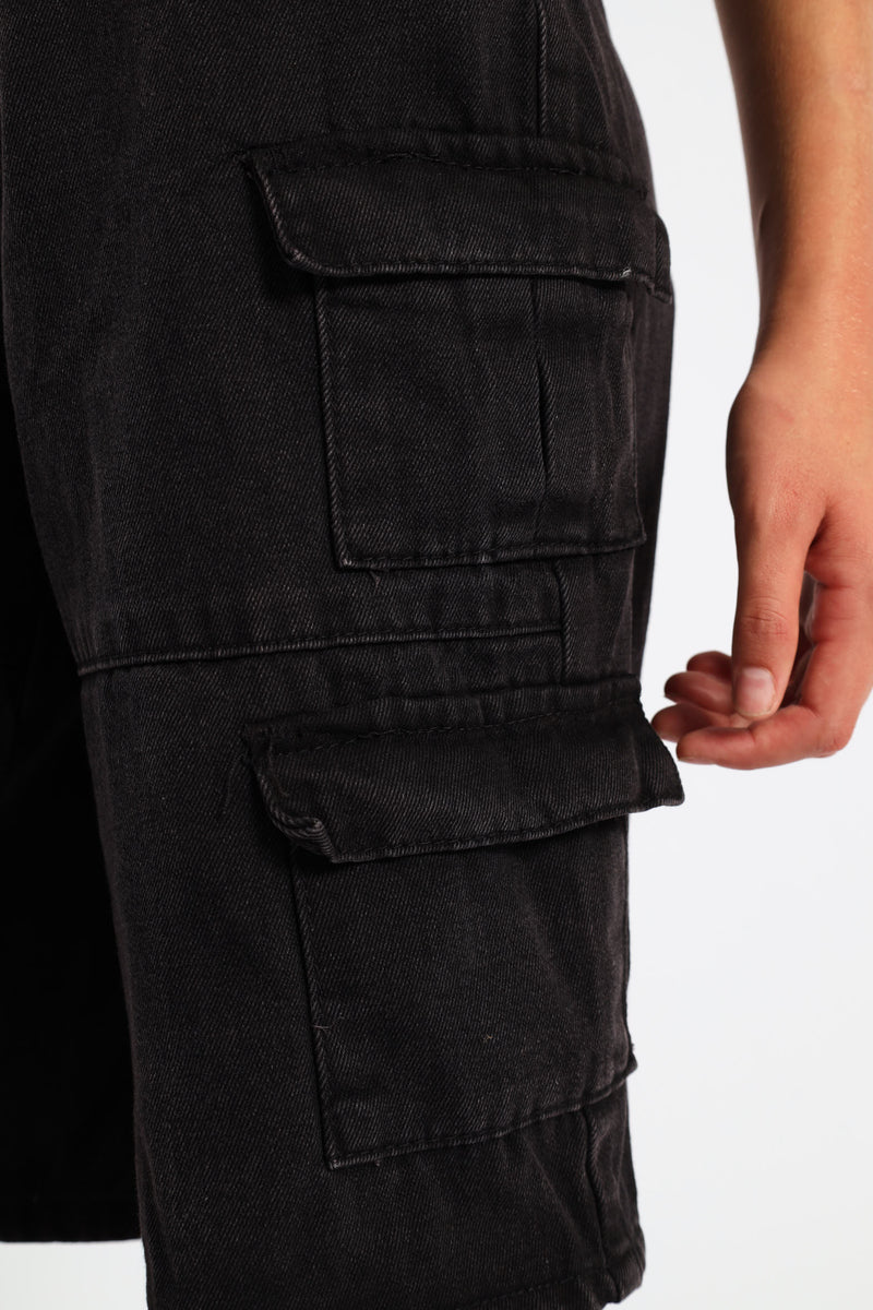 Girls Cargo Denim Jorts - Black