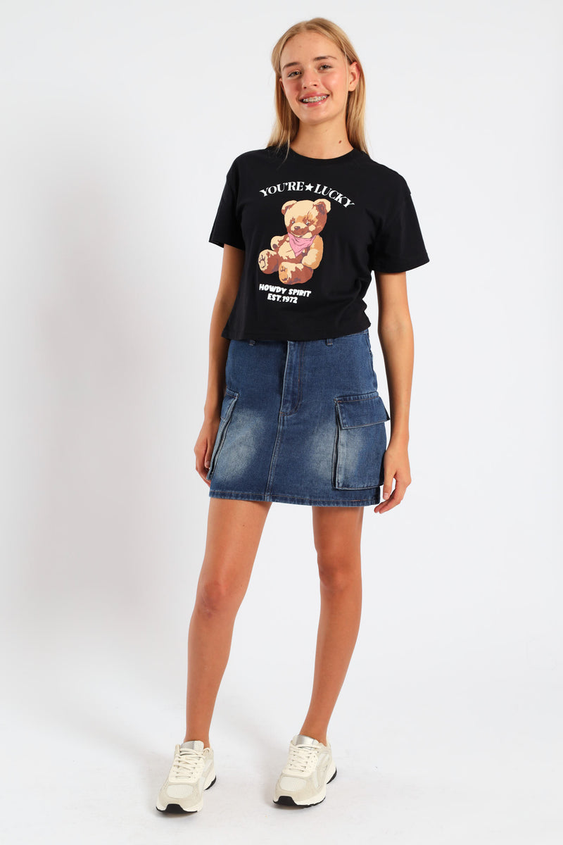 Girls Boxy Teddy Tee - Black