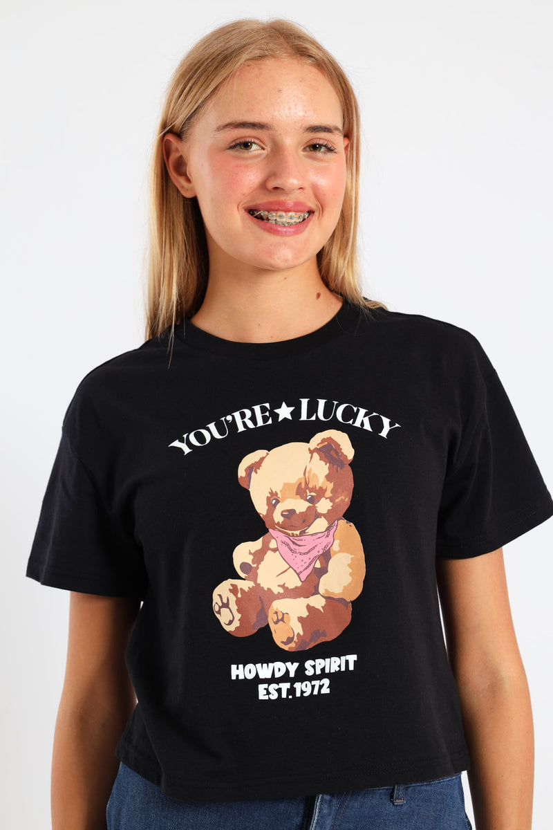 Girls Boxy Teddy Tee - Black