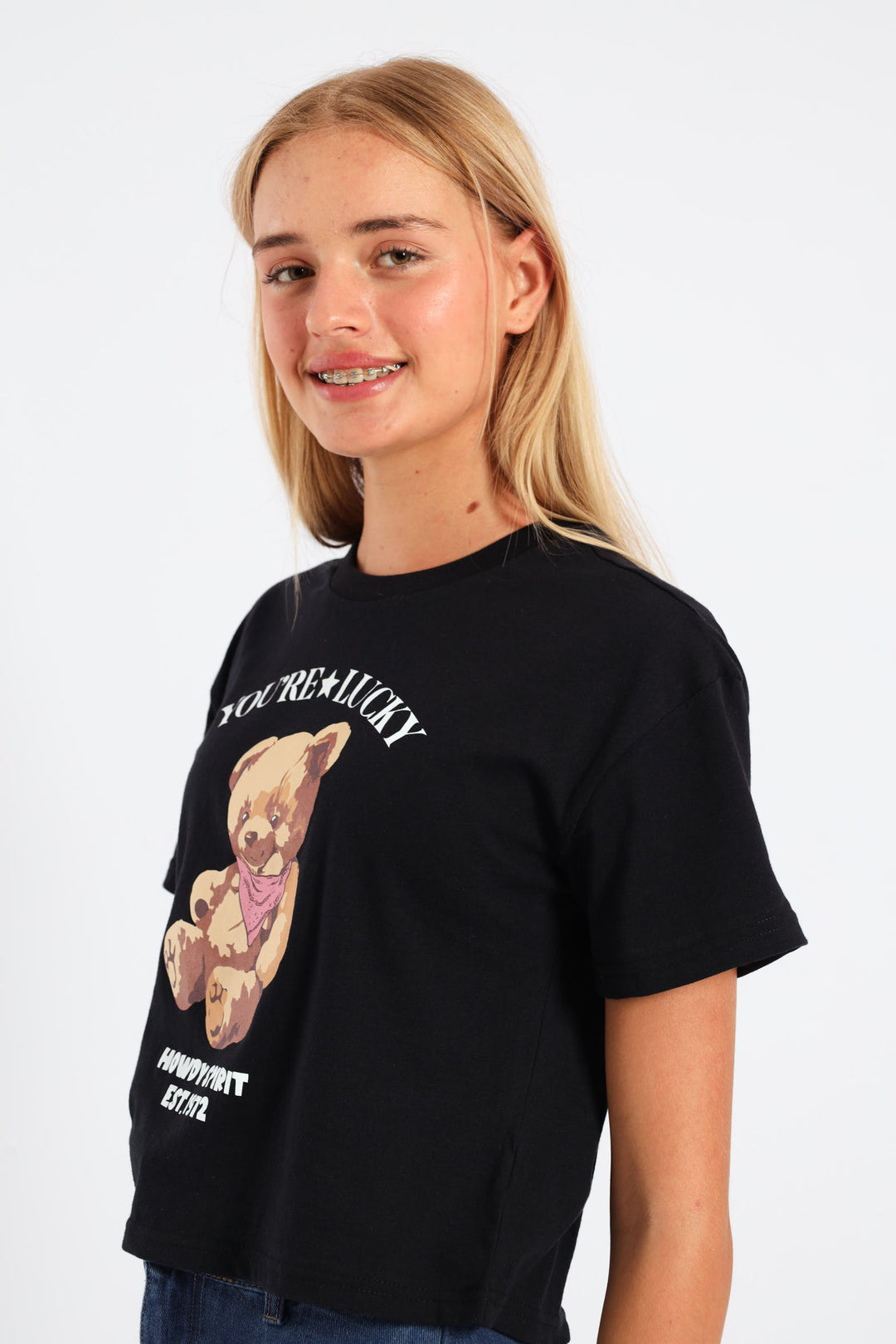 Girls Boxy Teddy Tee - Black