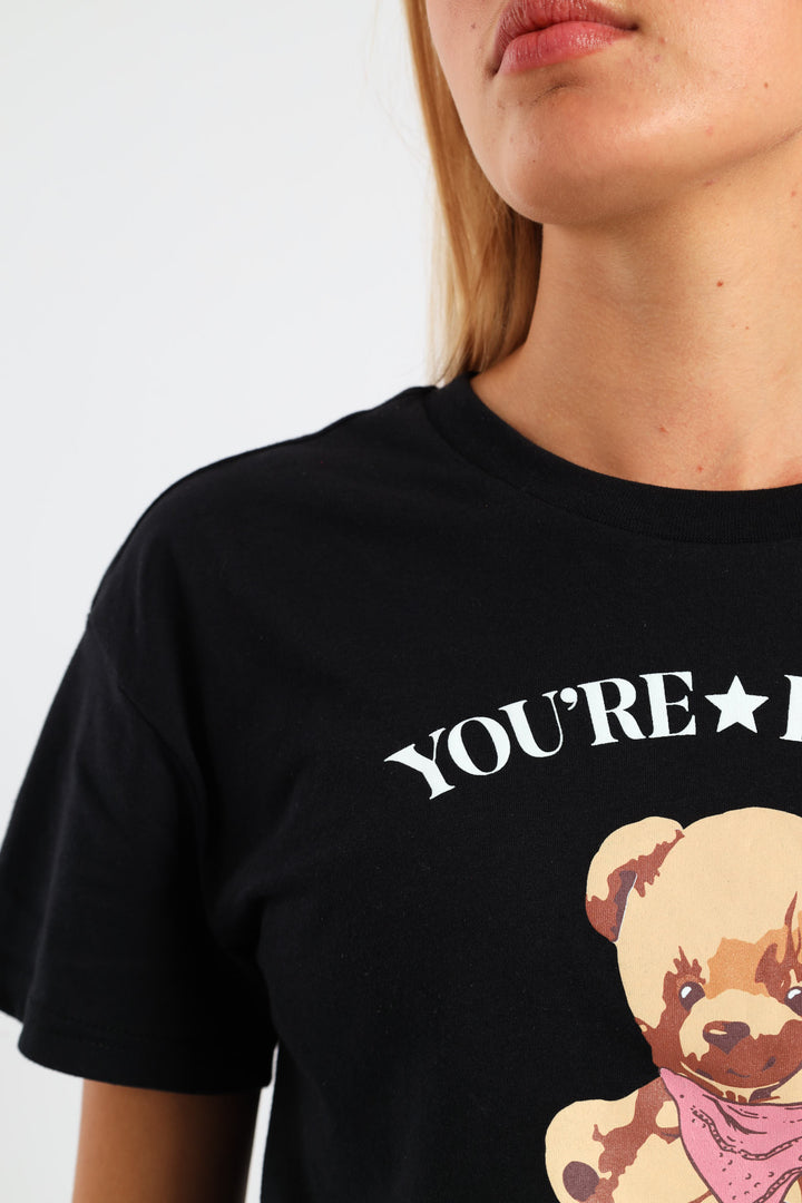 Girls Boxy Teddy Tee - Black