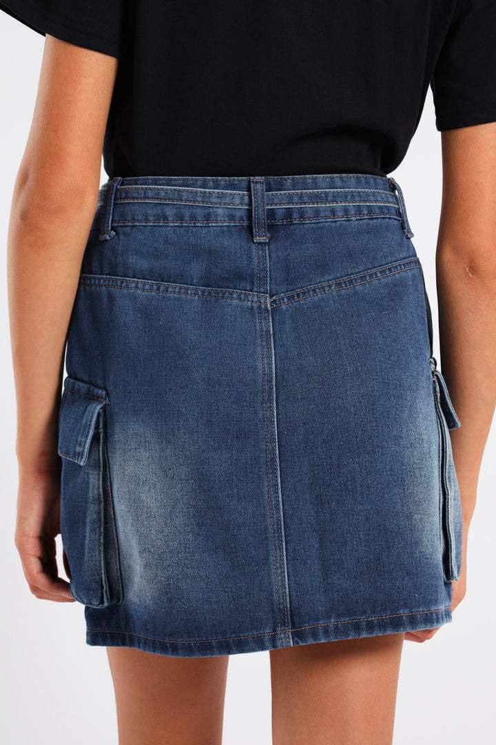 Girls Denim Cargo Skirt - Blue