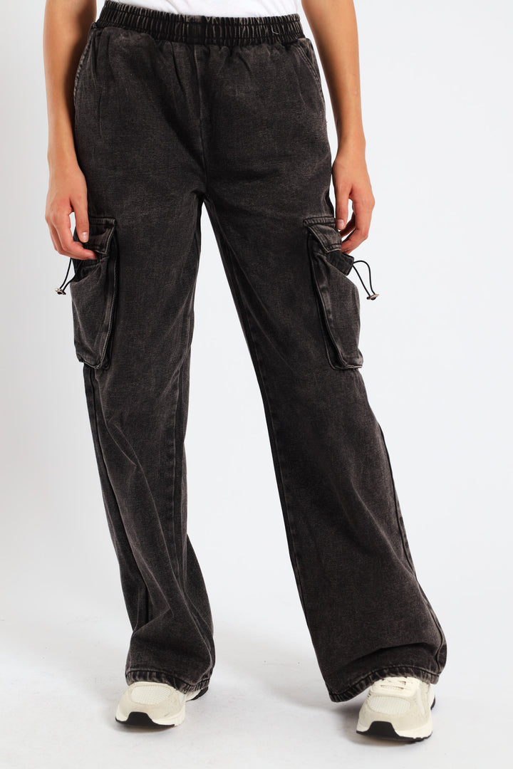 Girls Pull On Cargo Denim - Charcoal