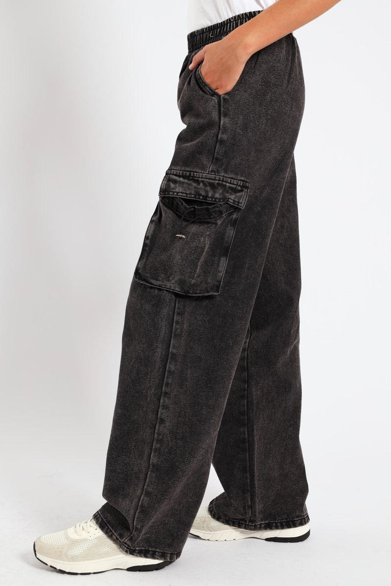 Girls Pull On Cargo Denim - Charcoal
