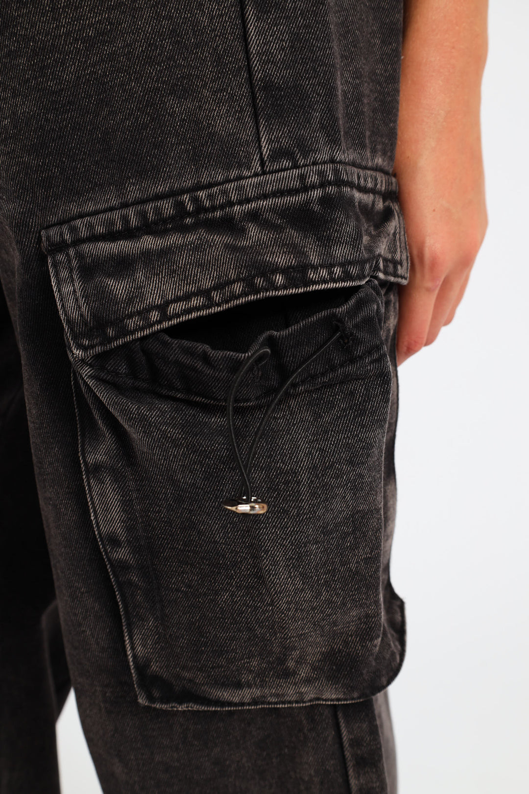 Girls Pull On Cargo Denim - Charcoal