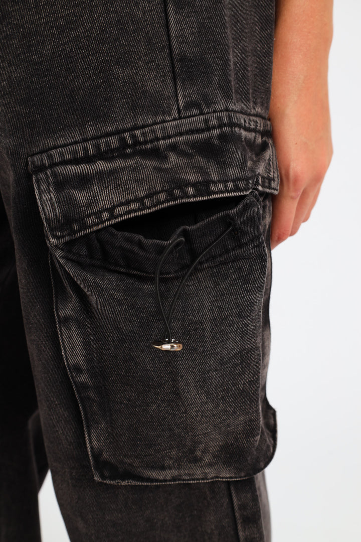 Girls Pull On Cargo Denim - Charcoal