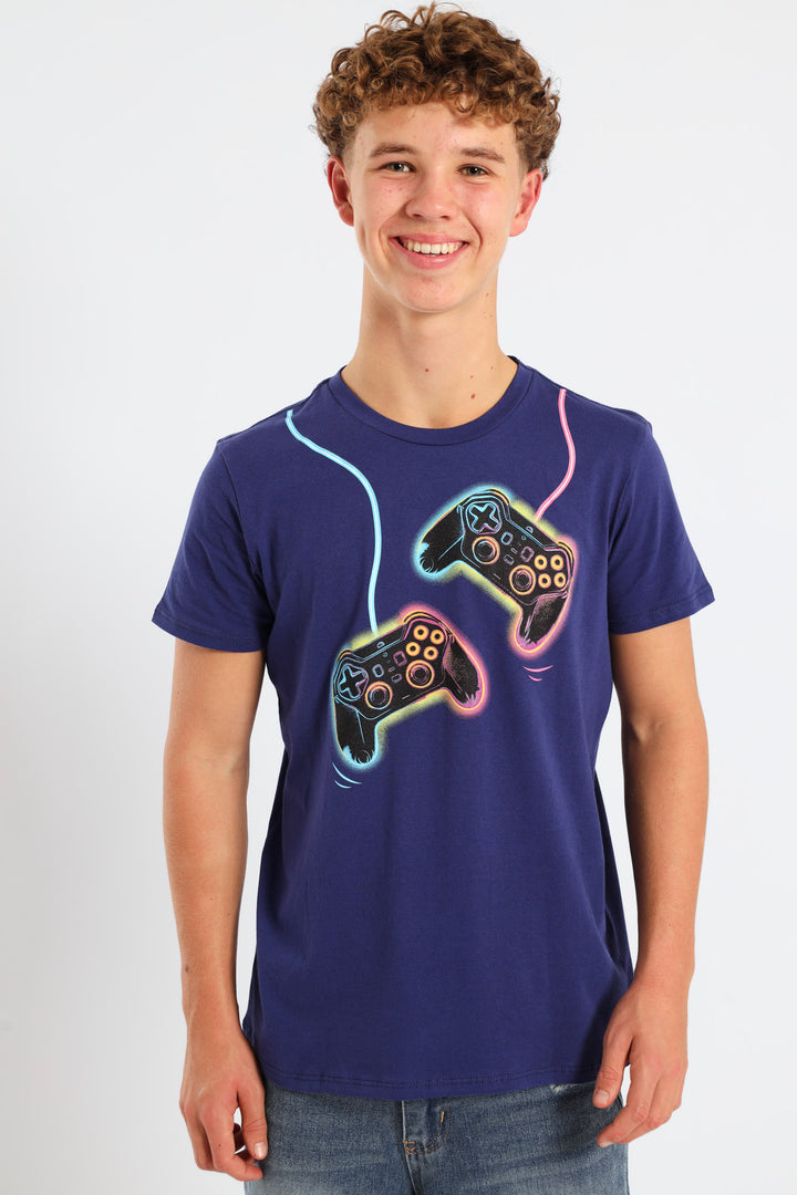 Boys Gamer Control Print Tee - Navy