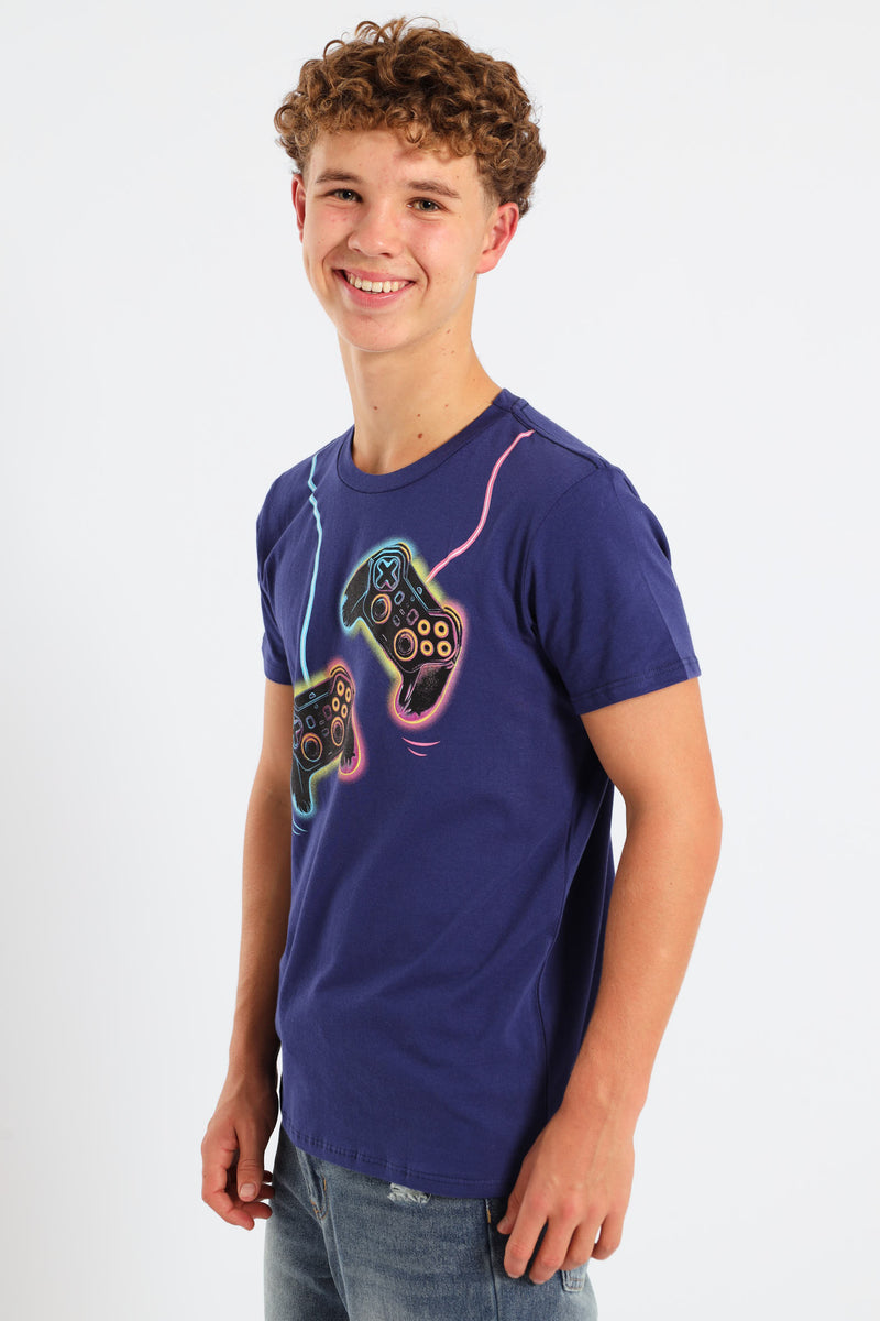 Boys Gamer Control Print Tee - Navy
