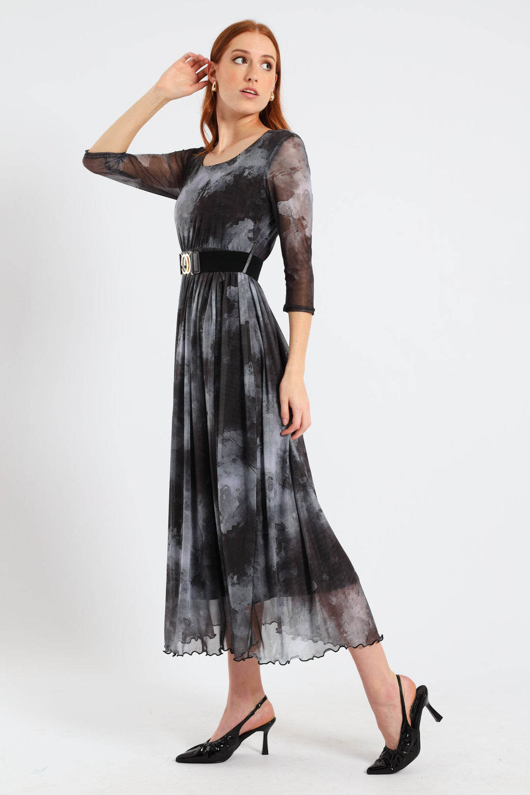 Pleated Mesh Maxi Dress - Marble Grey