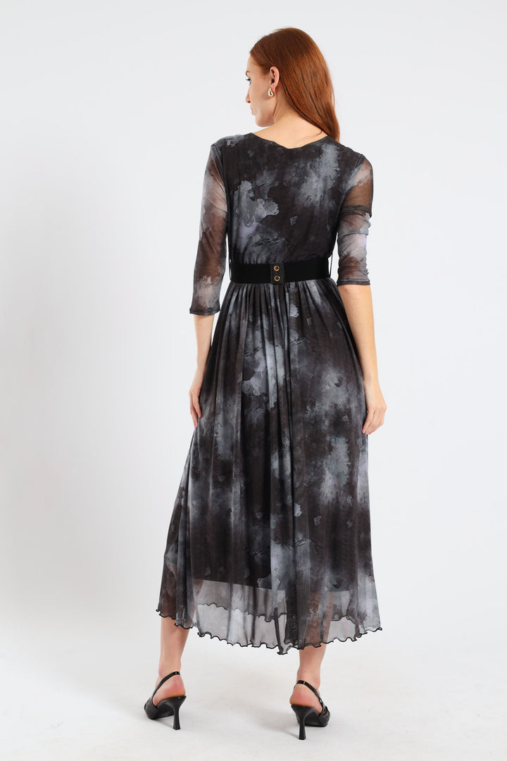 Pleated Mesh Maxi Dress - Marble Grey