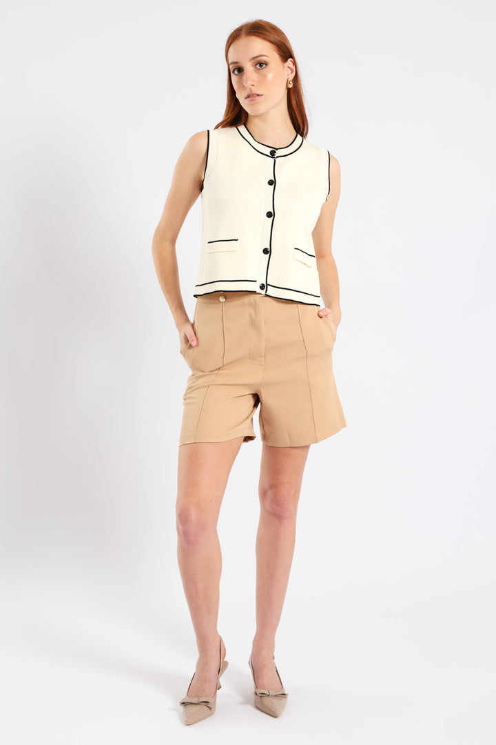 Double Button Extended Tab Short - Stone