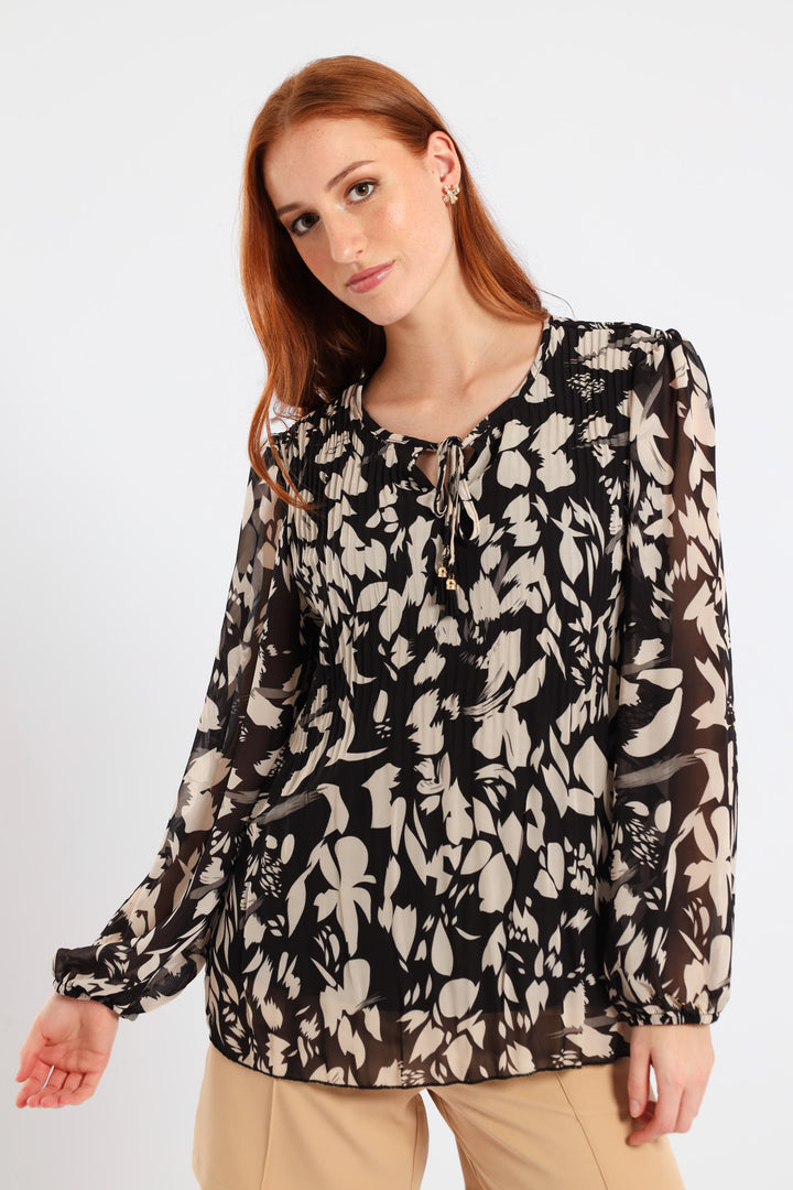 Release Pleat Monochrome Blouse - Black/Cream