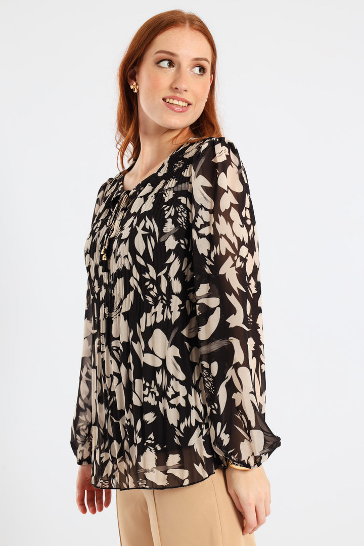 Release Pleat Monochrome Blouse - Black/Cream