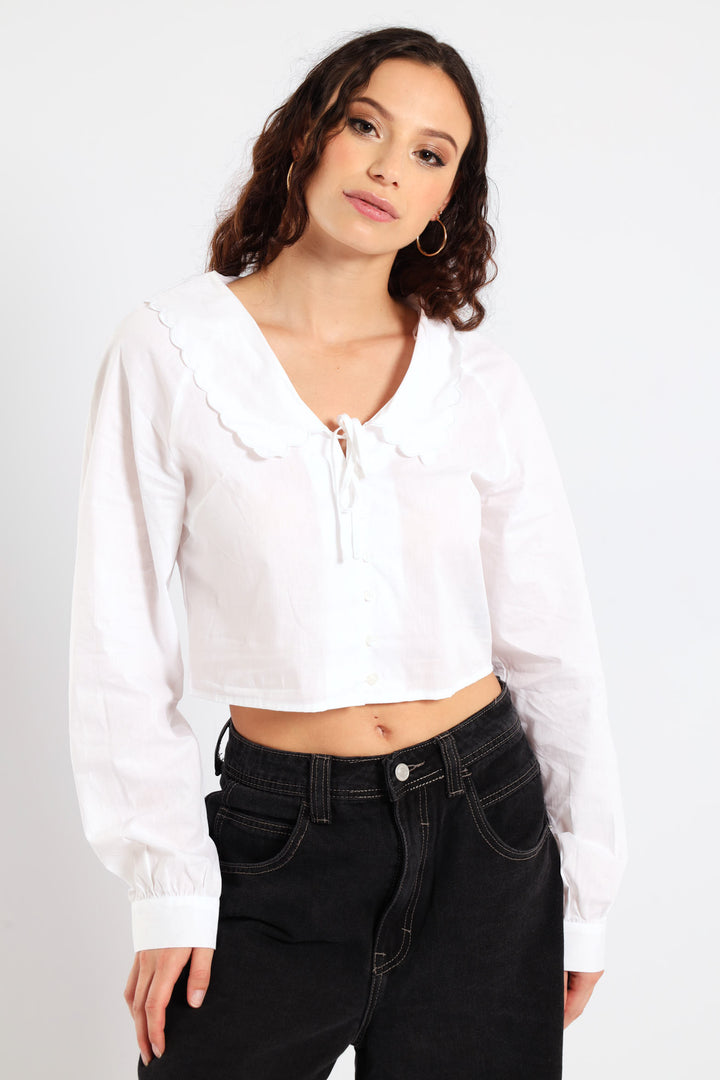 Long Sleeve Scallop Collar Shirt - White