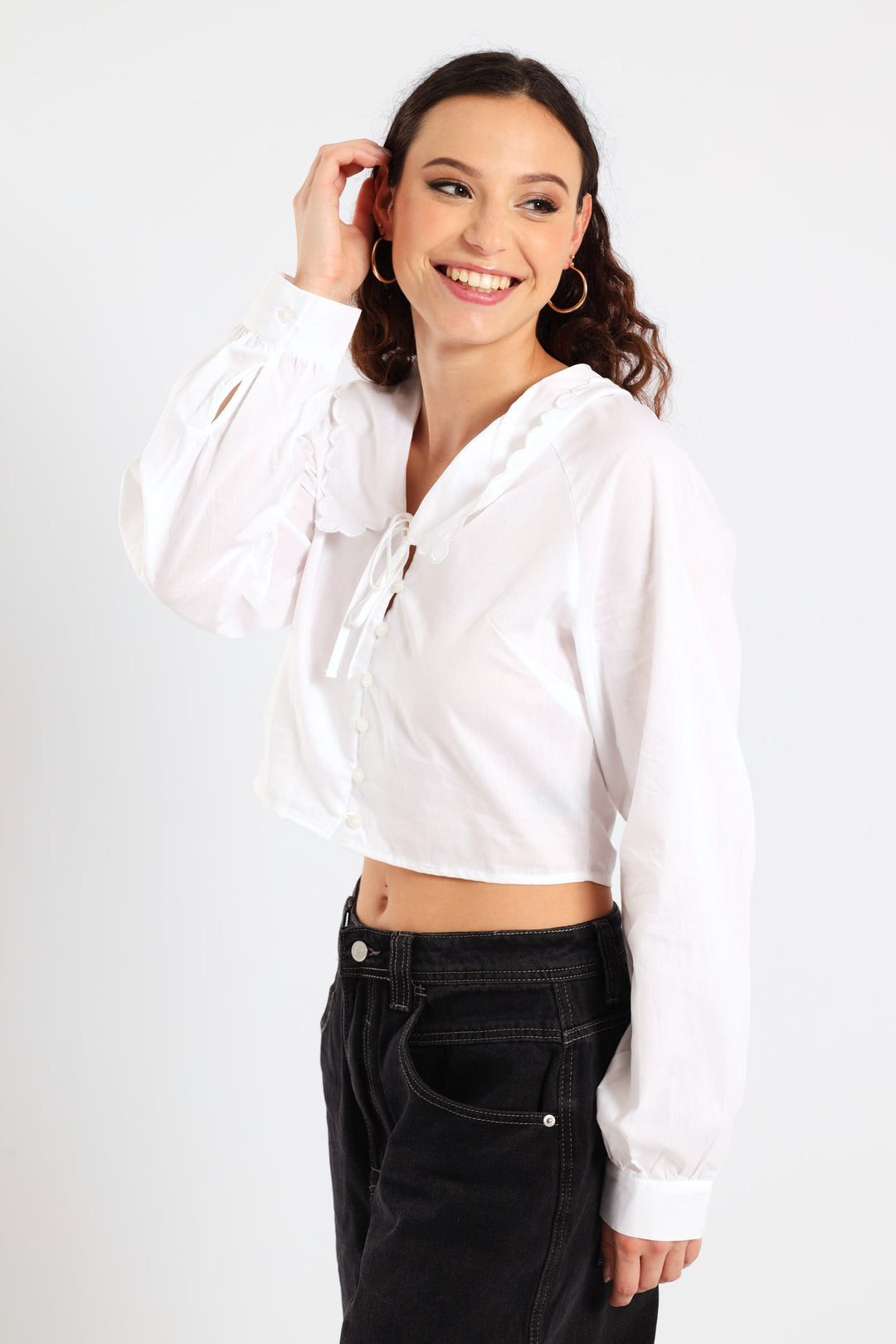 Long Sleeve Scallop Collar Shirt - White