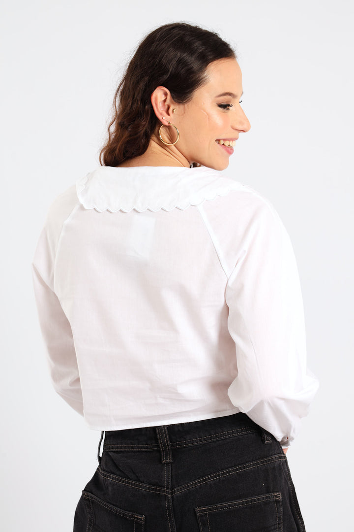 Long Sleeve Scallop Collar Shirt - White