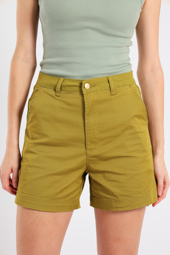 Stretch Sateen Chino Mid Thigh Shorts - Chartreuse