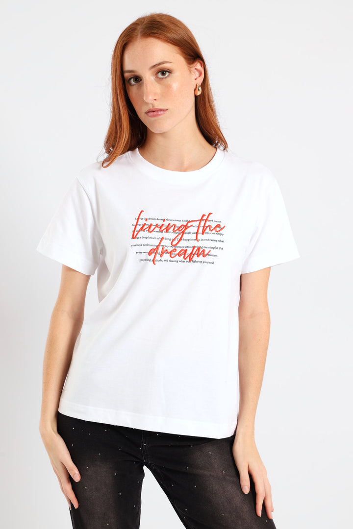 Short Sleeve Living The Dream Embroidered Regular Tee - White