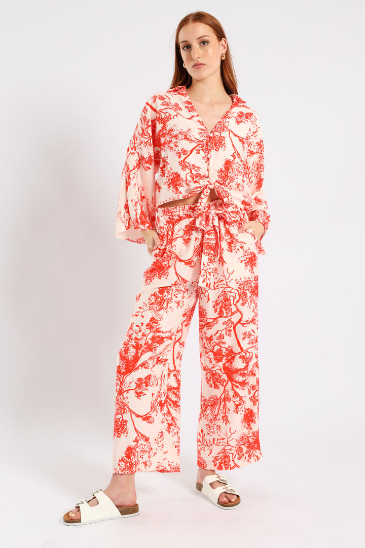 3/4 Sleeve Tie Front Linen Shirt - White/Orange