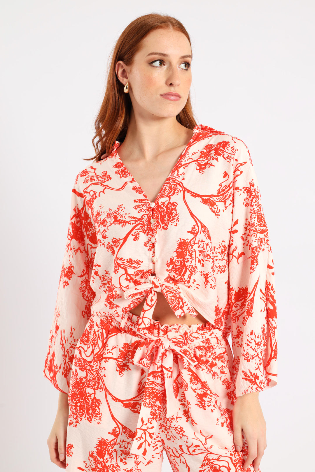 3/4 Sleeve Tie Front Linen Shirt - White/Orange