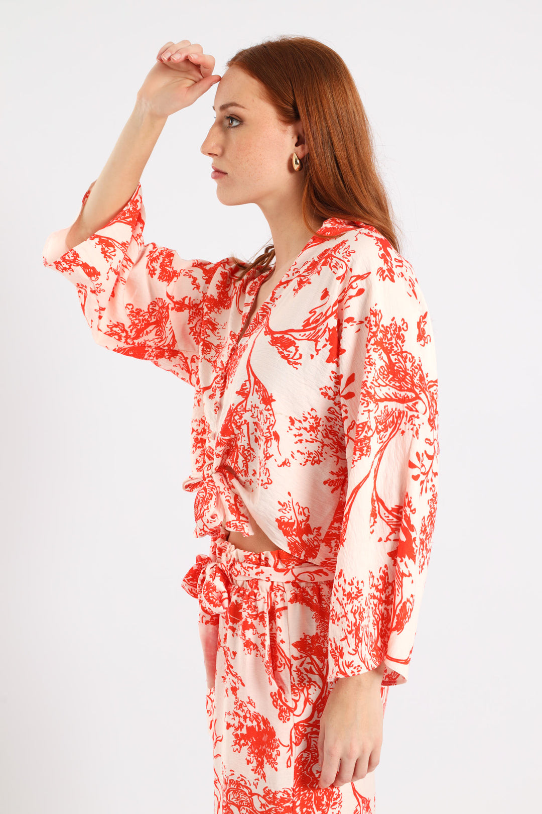 3/4 Sleeve Tie Front Linen Shirt - White/Orange