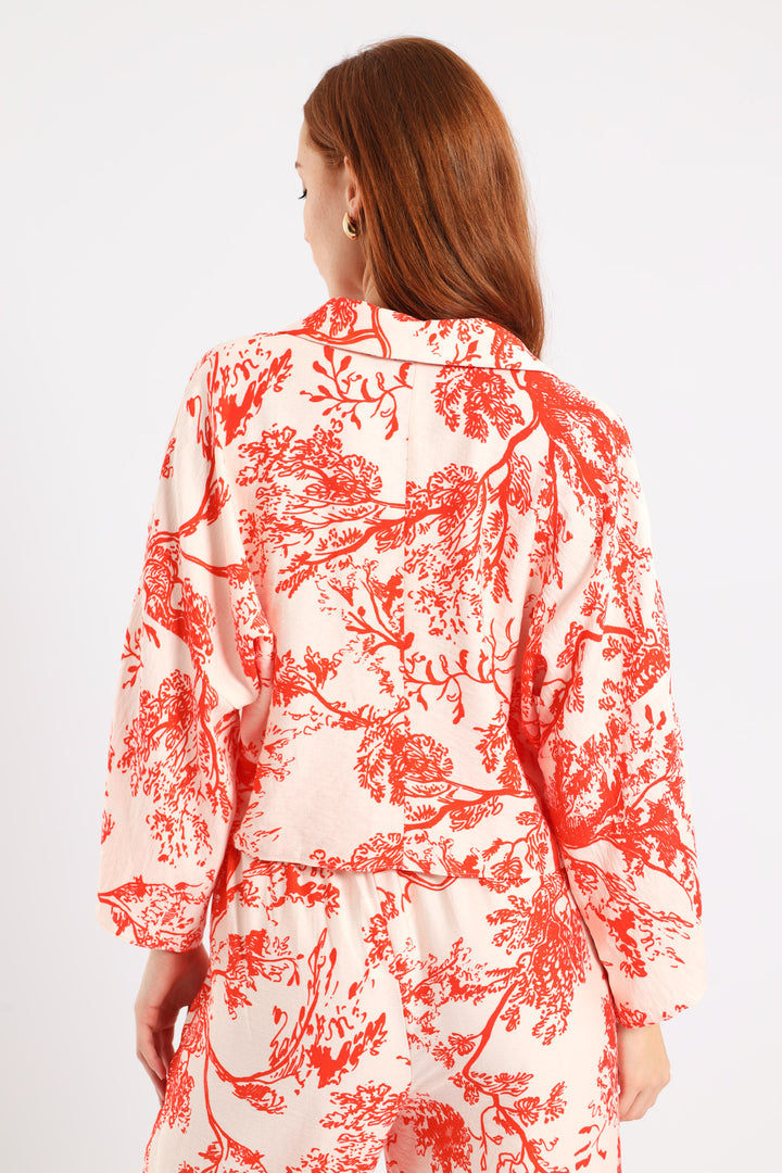 3/4 Sleeve Tie Front Linen Shirt - White/Orange