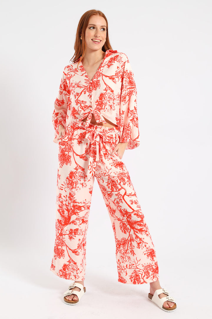 Self Belt Pull On Linen Culotte Pants - White/Orange