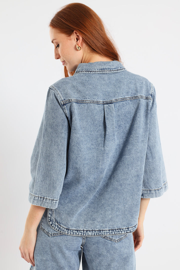 3/4 Sleeve Curved Hem Denim Shirt - Light Wash