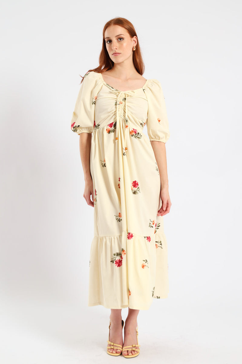 Ruched Tiered Midi Dress - Cream