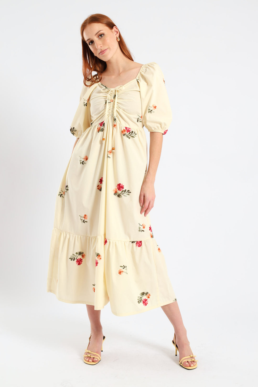 Ruched Tiered Midi Dress - Cream
