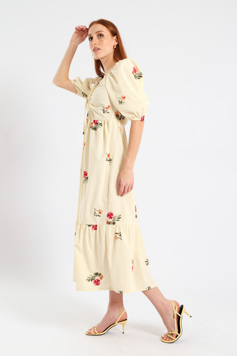 Ruched Tiered Midi Dress - Cream