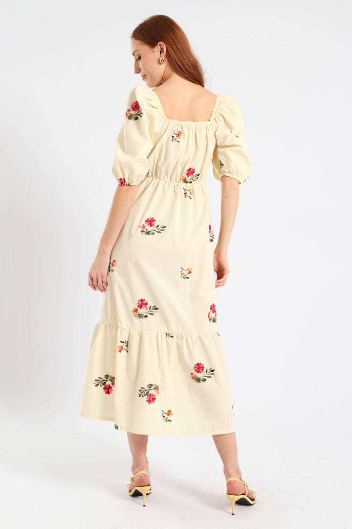 Ruched Tiered Midi Dress - Cream